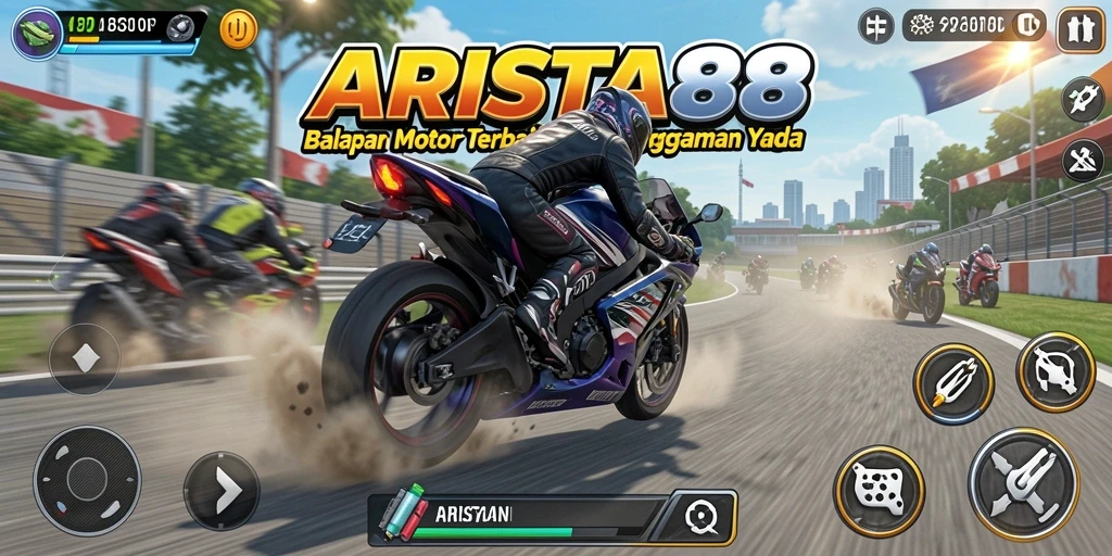 Screenshot ARISTA88 menampilkan aksi balapan motor yang seru.