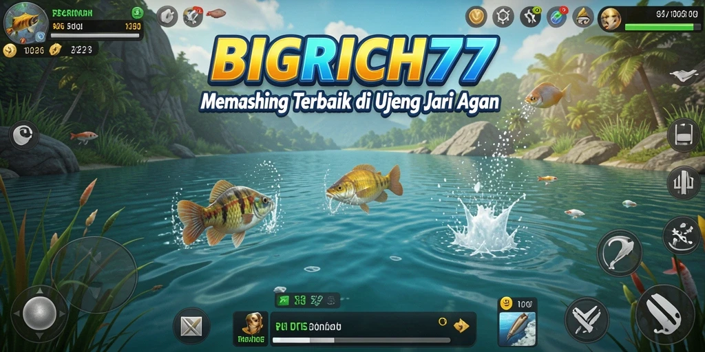 Tampilan gameplay <strong>BIGRICH77</strong> yang menampilkan berbagai lokasi memancing dan ikan yang beragam.