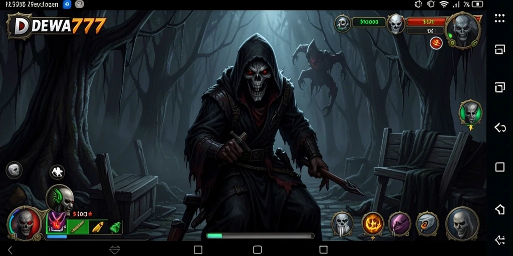 Tampilan gameplay mendebarkan dari DEWA777 dalam suasana kegelapan.