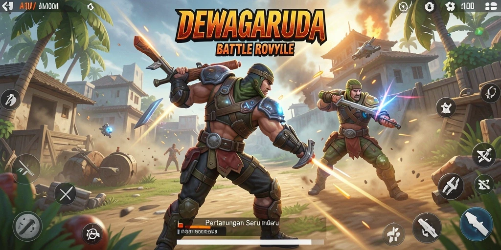 Gameplay seru di medan perang DEWAGARUDA dengan berbagai senjata.