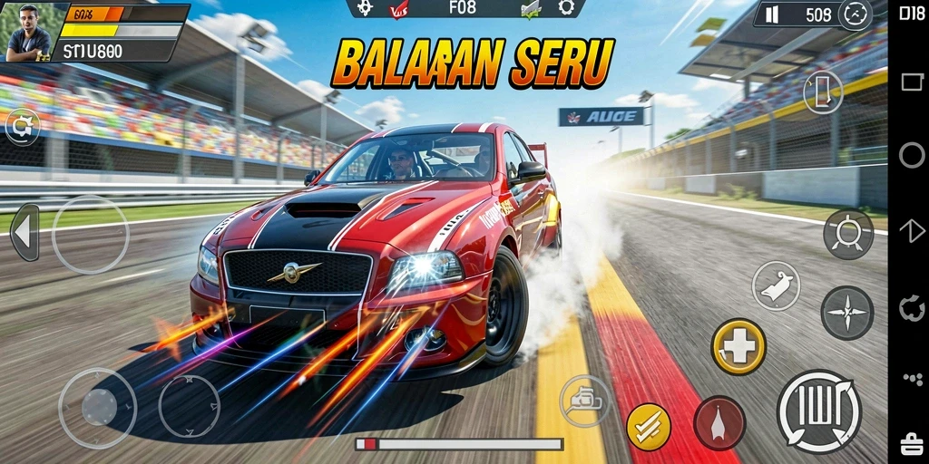 Screenshot menampilkan aksi balapan mendebarkan dengan mobil berkecepatan tinggi.
