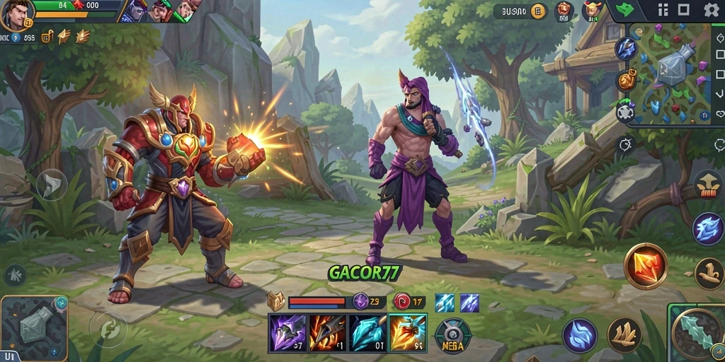 Screenshot utama GACOR77 menampilkan aksi seru dalam permainan MOBA.