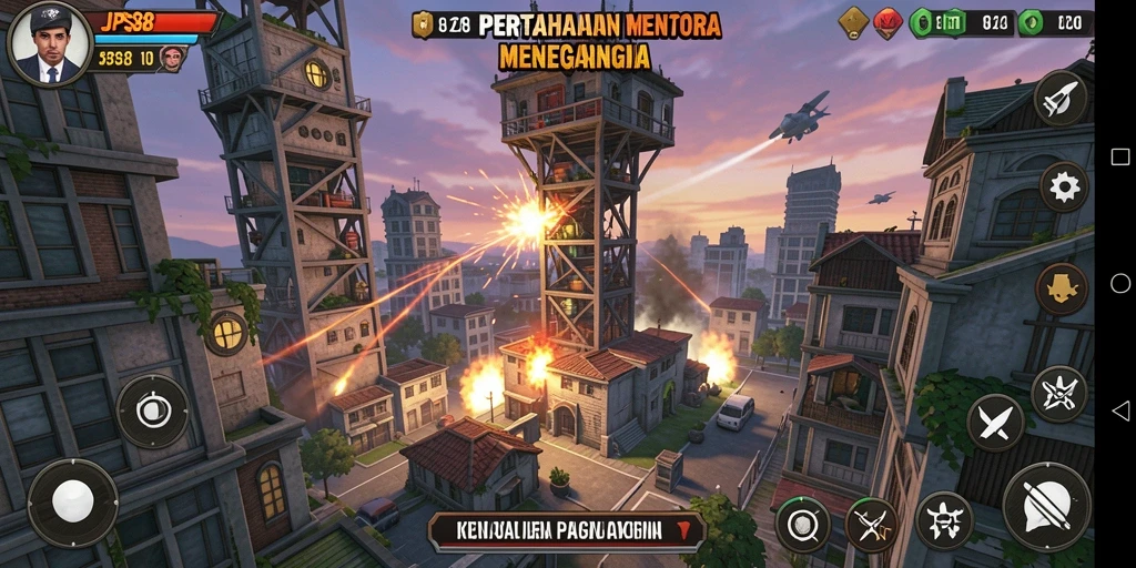 Tampilan dari gameplay JPS88 yang menampilkan menara dan musuh.