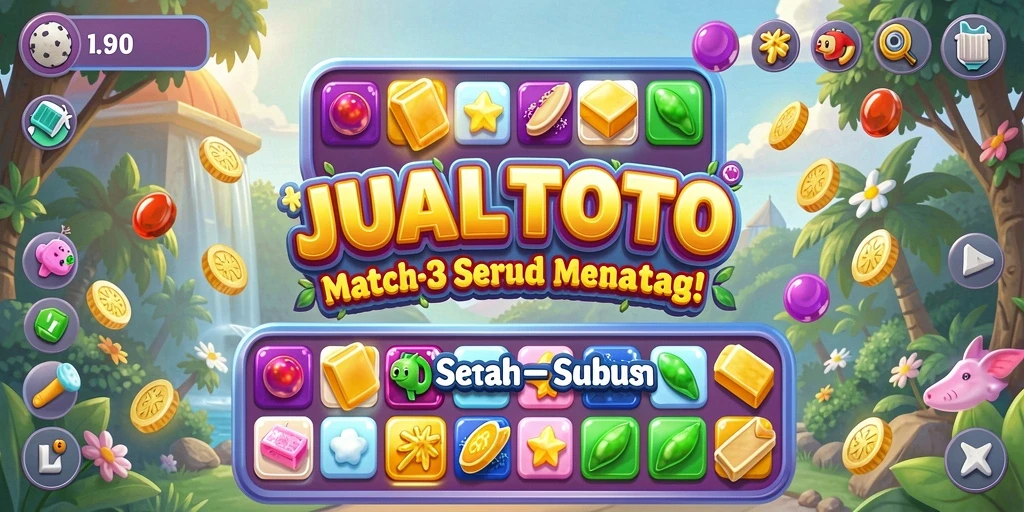 Screenshot utama JUALTOTO menampilkan gameplay Match-3 yang penuh warna.