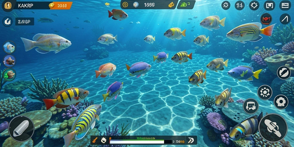Screenshot gameplay dari KAKRP, menampilkan aksi menembak ikan.