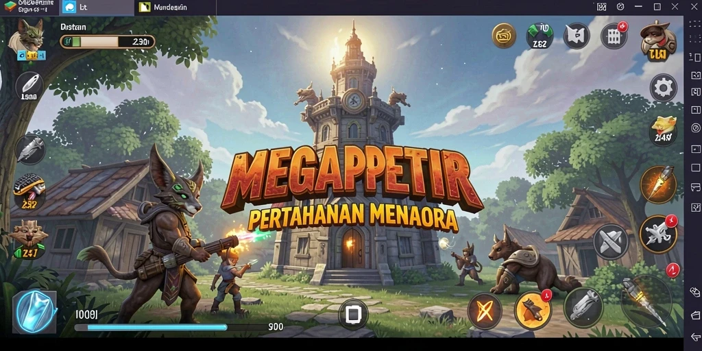 Tampilan gameplay <strong>MEGAPETIR</strong> dengan menara yang kuat melawan gelombang musuh.