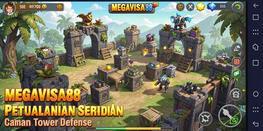Tampilan gameplay menegangkan di <strong>MEGAVISA88</strong> dengan menara pertahanan dan serangan musuh.