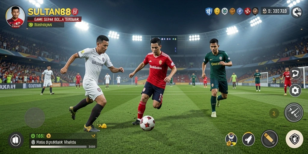 Screenshot menunjukkan aksi mendebarkan dalam permainan sepak bola.
