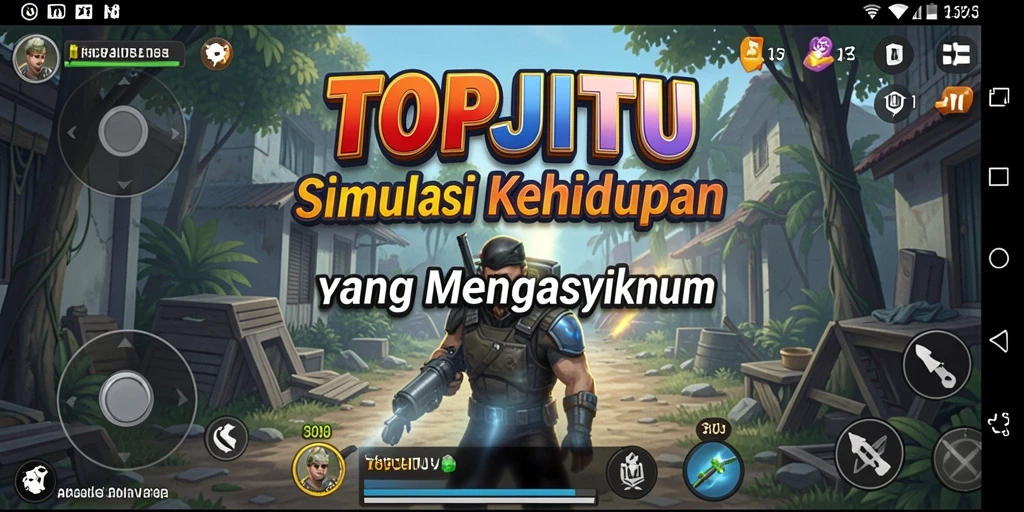Screenshot utama TOPJITU menampilkan karakter dalam aktivitas sehari-hari yang menarik.