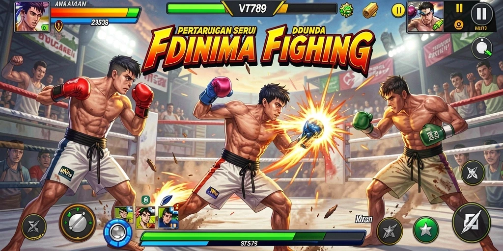 Screenshot utama VT789 menunjukkan karakter yang sedang bertarung dalam arena yang epik.