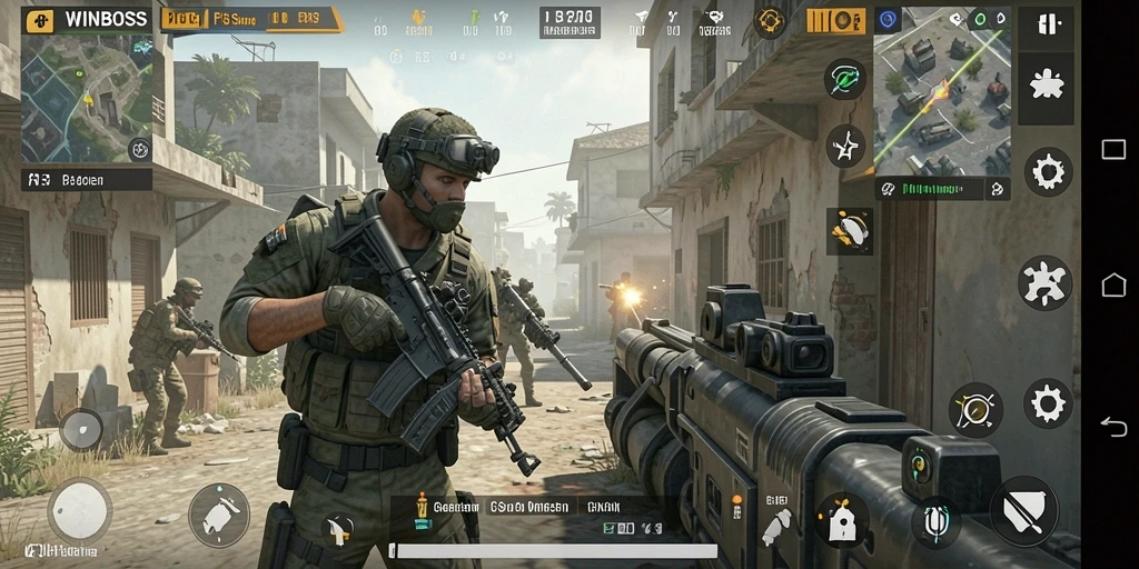 Tangkapan layar gameplay dari WINBOSS menampilkan aksi FPS yang mendebarkan.