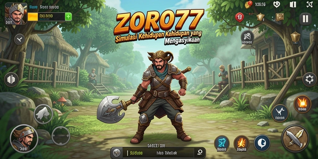 Screenshot gameplay ZORO77 menunjukkan karakter dalam berbagai aktivitas.